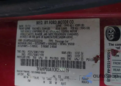 2012 Ford Fusion Sel из США, поврежденный, VIN 3FAHP0JA1CR253246